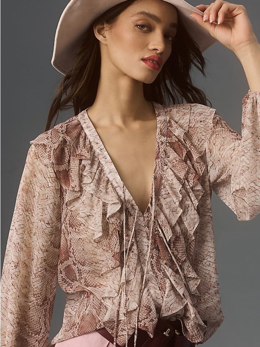 Anthropologie Blush Snake-Print Ruffle V-Neck Blouse - Picture 2 of 5